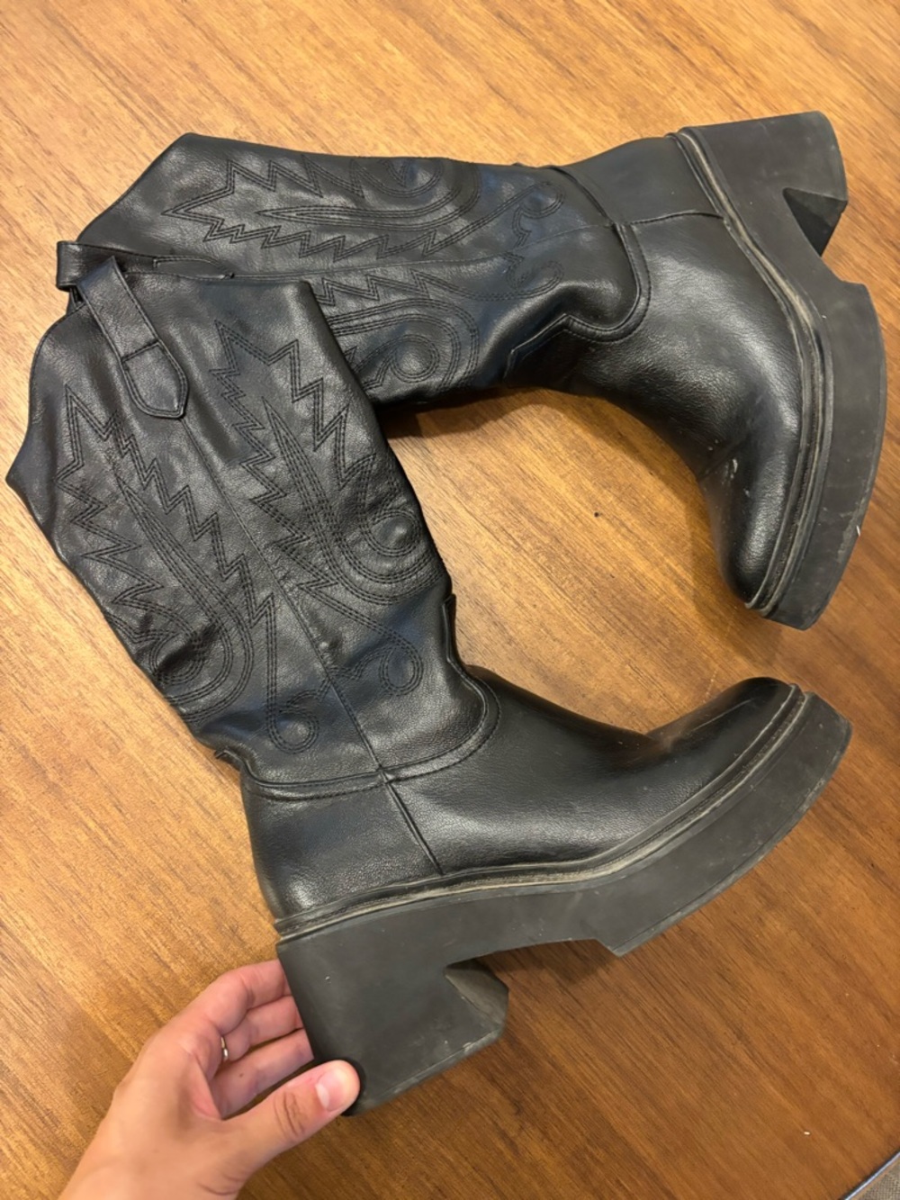 Black Embroidered Platform Western Boots